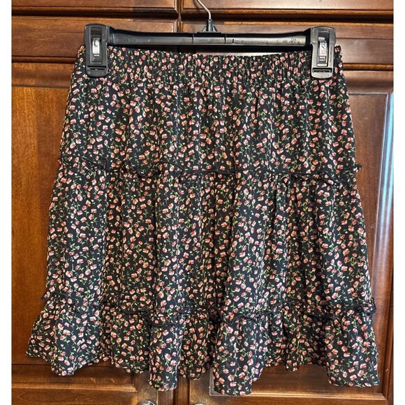 Floral Black Ruffle Mini Skirt With Elastic Waist & Tie By Sienna Sky Size M - Picture 6 of 11